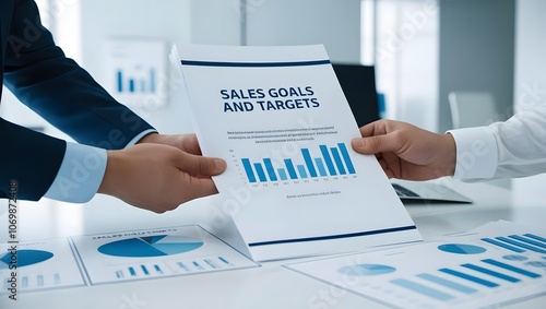 Two professionals discuss a report outlining sales goals and targets, showcasing graphs and charts in a modern office setting.