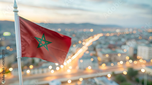 Close-up Morocco Flag Waving in the Wind. Evening background, In the capital of Morocco, city lights and road