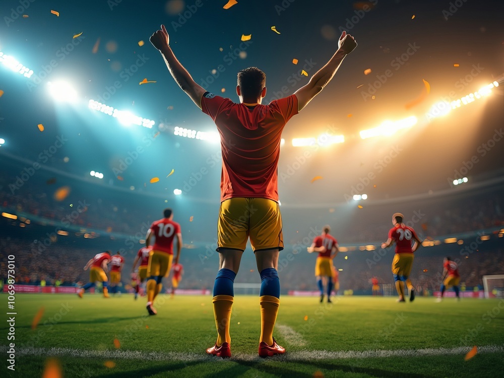 Naklejka premium Celebration on the field: soccer player triumphs under stadium lights