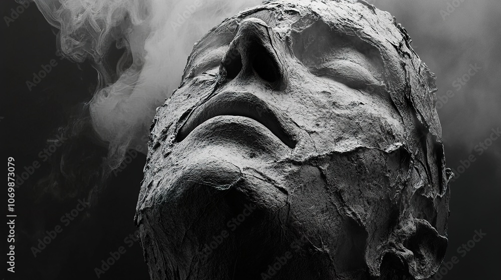 Abstract Stone Sculpture with Smoky Atmosphere - A Surreal and Dramatic Art Piece Abstract Stone Sculpture with Smoky Atmosphere - A Surreal and Dramatic Art Piece