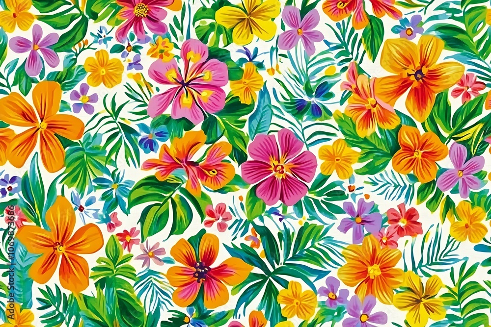 Vibrant Tropical Floral Pattern with Lush Green Foliage Vibrant Tropical Floral Pattern with Lush Green Foliage
