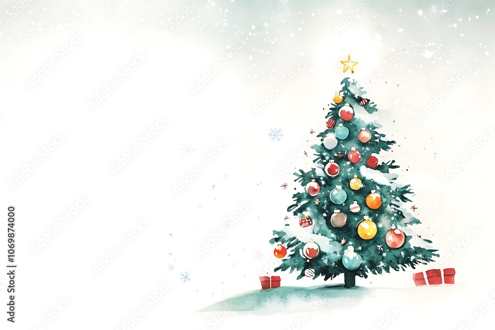 Decorated Christmas Tree with Snowflakes and Gifts in a Watercolor Style Decorated Christmas Tree with Snowflakes and Gifts in a Watercolor Style