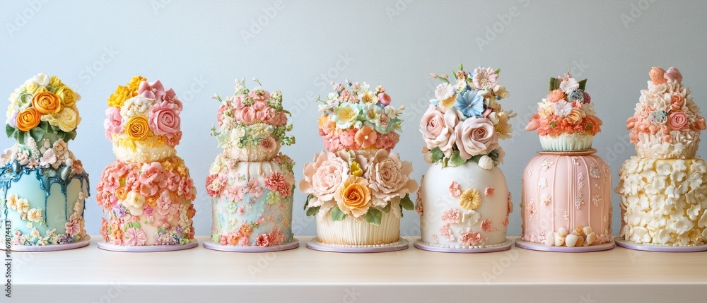 An array of beautifully decorated bento cakes showcases intricate floral patterns and pastel colors, creating a visually stunning dessert presentation in a bakery An array of beautifully decorated bento cakes showcases intricate floral patterns and pastel colors, creating a visually stunning dessert presentation in a bakery