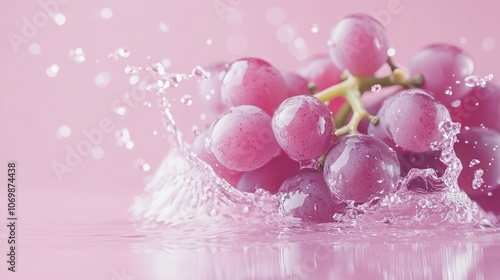 Fresh Purple Grapes with Water Splash on Pink Background