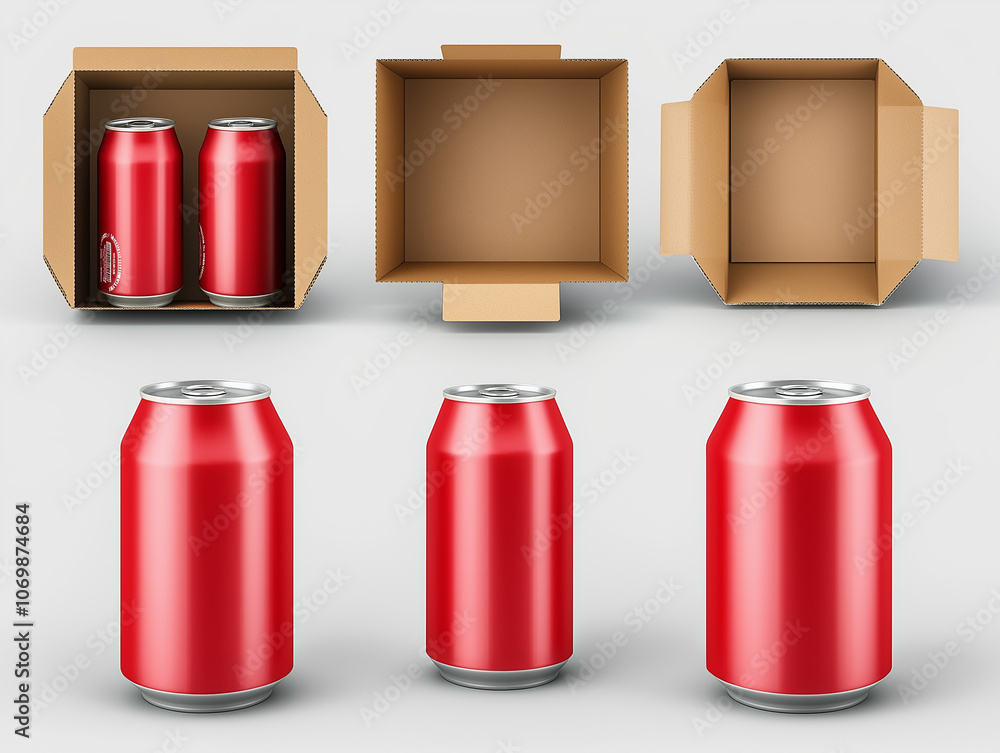 Illustration of can packaging box design with cans, 3D separate open cardboard box model Illustration of can packaging box design with cans, 3D separate open cardboard box model