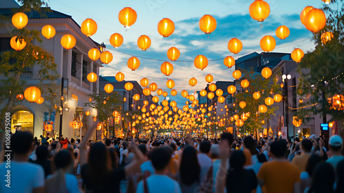 A vibrant street festival with lanterns and crowds of people celebrating. Concept of culture and festivity. 