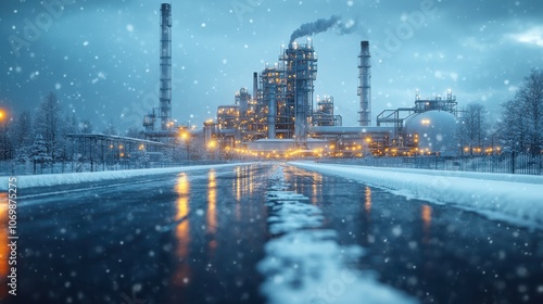 Winter Snowfall Over Distant Industrial Plant Scene