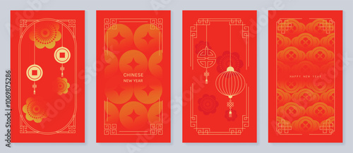 Chinese New Year 2025 greeting card background vector. Year of the Snake design with gold lantern, cherry blossom, coin. Elegant oriental illustration for cover, poster, red envelope, calendar.