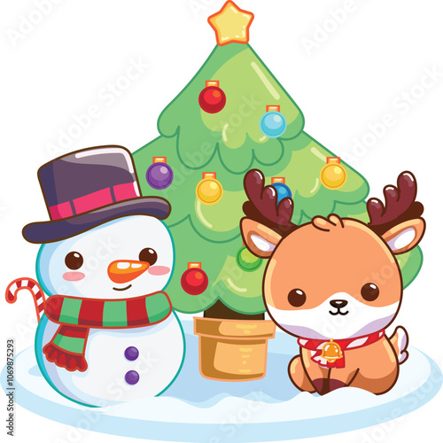 Cute Snowman and Reindeer by Christmas Tree