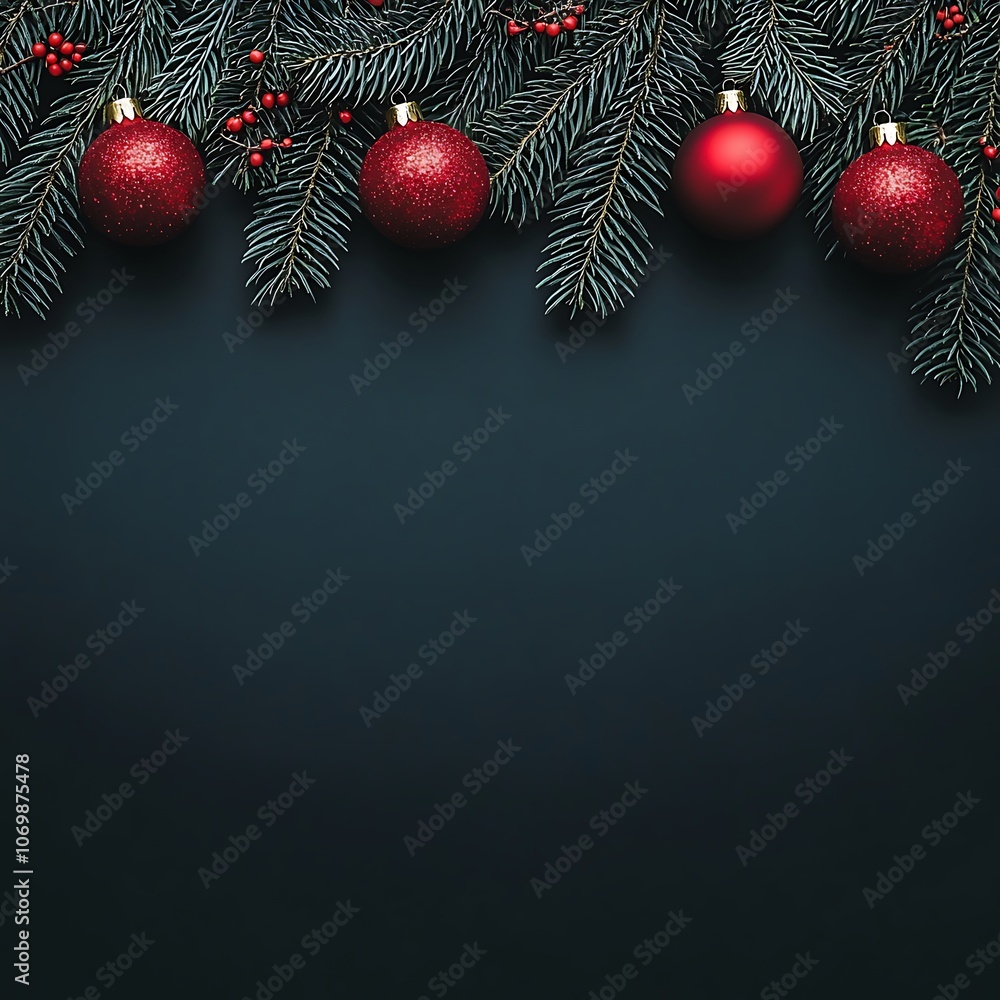 Festive Christmas Border with Red Ornaments and Fir Branches on Black Background Festive Christmas Border with Red Ornaments and Fir Branches on Black Background