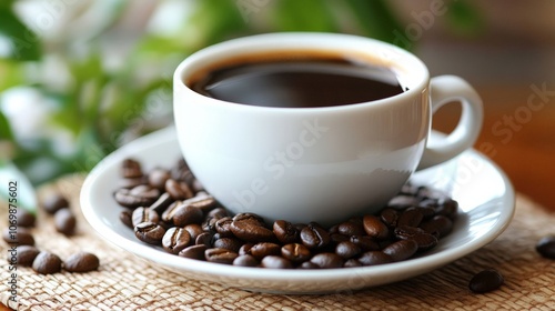 Coffee on a ceramic plate, with a simple yet elegant presentation on a minimalist background