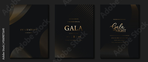 Luxury invitation card background vector. Golden elegant wavy gold line pattern on black background. Premium design illustration for wedding, vip cover template, grand opening, flyer, gala.