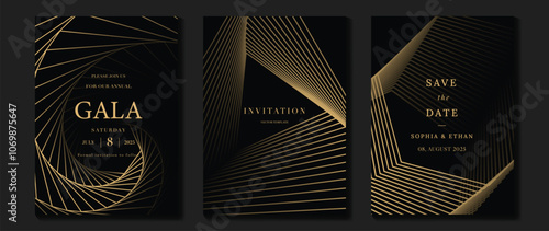 Luxury invitation card background vector. Golden elegant wavy gold line pattern on black background. Premium design illustration for wedding, vip cover template, grand opening, flyer, gala.