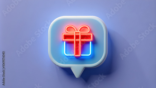 neon light gift icon in red social media notification speech bubble box pin isolated on dark white wall background with shadow 3d rendering photo