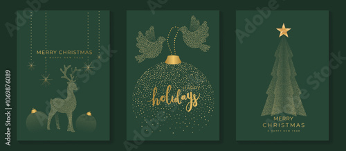 Luxury christmas invitation card art deco design vector. Christmas tree, bauble, reindeer, bird, spot texture on green background. Design illustration for season's greeting poster, cover.