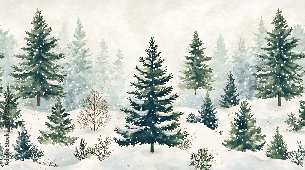 Fototapeta premium Seamless pattern of Christmas trees in winter forest theme watercolor style trees in natural green and white hues frosty snowy landscape subtle winter plants small bushes snow-covered branches