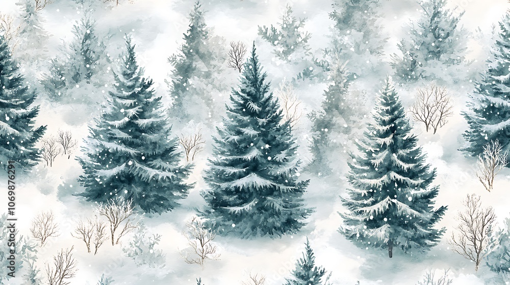 Obraz premium Seamless pattern of Christmas trees in winter forest theme watercolor style trees in natural green and white hues frosty snowy landscape subtle winter plants small bushes snow-covered branches