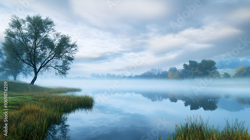 Thick fog enveloping a tranquil lake, creating an ethereal and mysterious atmosphere. Concept of atmospheric mystique.