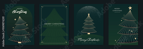 Luxury christmas invitation card art deco design vector. Christmas tree line art, star, spot texture on green background. Design illustration for season's greeting poster, cover.