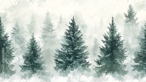 Christmas tree seamless pattern watercolor forest theme soft green and muted white trees snowy branches subtle winter details continuous holiday background design