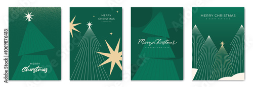 Elegant christmas invitation card art deco design vector. Christmas tree line art, star, spot texture on green background. Design illustration for season's greeting poster, cover.