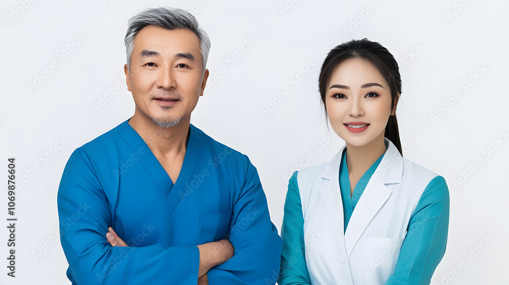 Portrait of male doctor and female nurse in medical attire, smiling Portrait of male doctor and female nurse in medical attire, smiling
