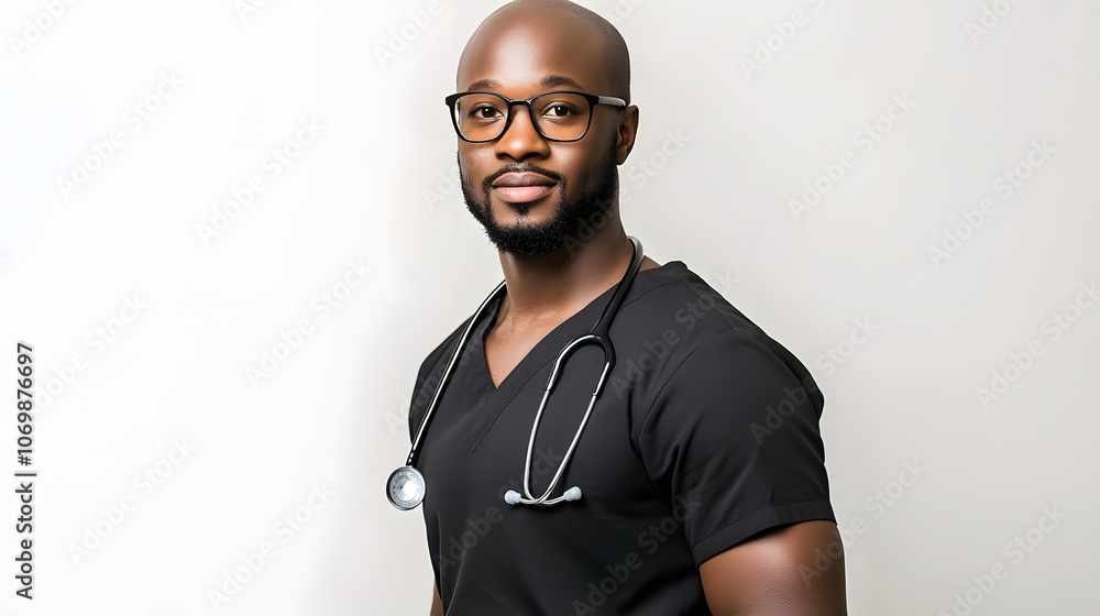 Confident healthcare professional wearing glasses and scrubs Confident healthcare professional wearing glasses and scrubs