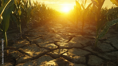 A parched corn field displaying severe drought conditions with deeply cracked earth. Drought in Corn Field with Cracked Soil photo