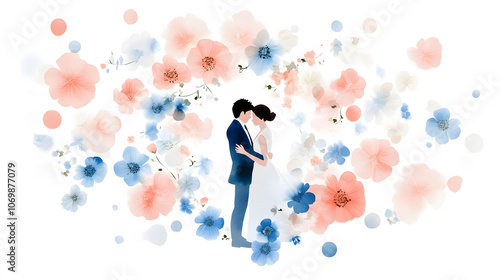 Whimsical watercolor painting of married couple surrounded by flowers