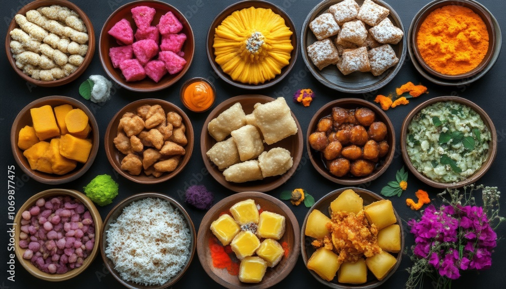 Fototapeta premium Assorted indian food on dark wooden background. Bowls with different dishes of indian cuisine. Pilaf, butter chicken curry, rice, palak paneer