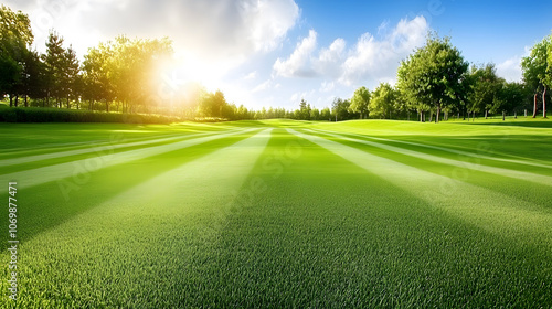 Lush green golf course under sunny skies