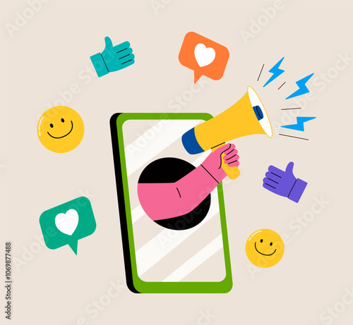 Social media. Hand holding megaphone. Colorful vector illustration