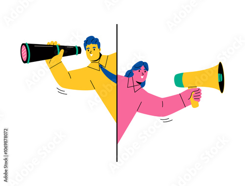 Business man and business woman standing together, holding binocular and megaphone loudspeaker. looking for new opportunities concept. Flat vector illustration isolated on white background