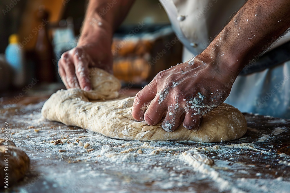 Hands kneading dough on floured surface Hands kneading dough on floured surface
