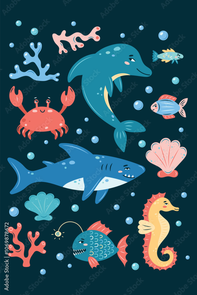 Sea Life Vertical poster on dark background. Set of sea animals. Characters in children's style. vector illustration. Sea Life Vertical poster on dark background. Set of sea animals. Characters in children's style. vector illustration.