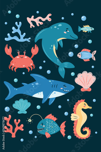 Sea Life Vertical poster on dark background. Set of sea animals. Characters in children's style. vector illustration.