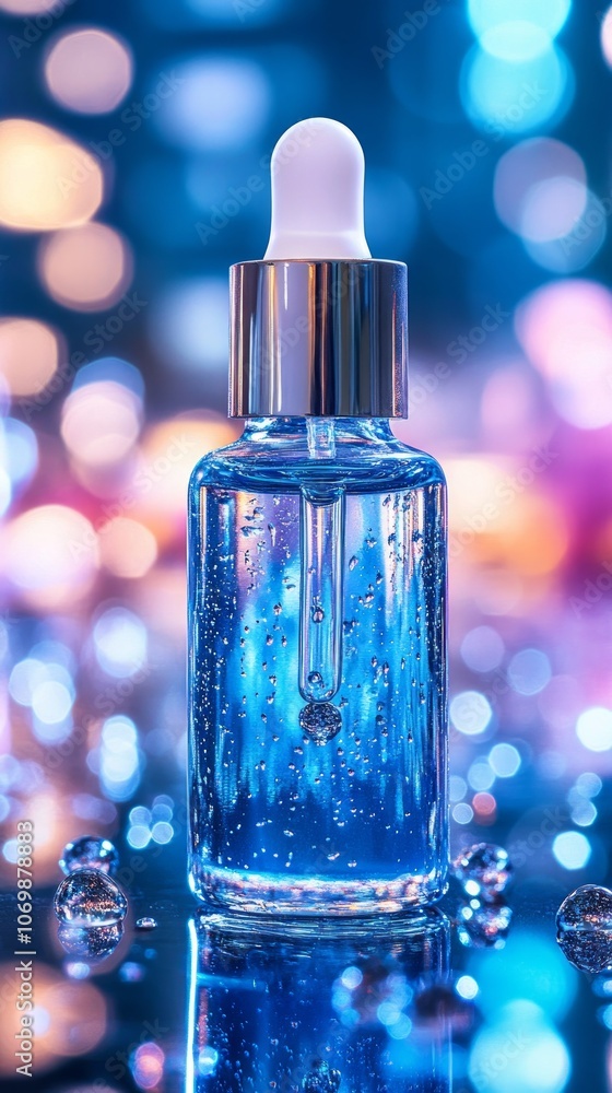 A clear bottle of rice serum stands prominently amidst shimmering blue bokeh lights, showcasing its skincare properties with droplets reflecting light A clear bottle of rice serum stands prominently amidst shimmering blue bokeh lights, showcasing its skincare properties with droplets reflecting light