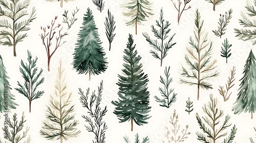 Seamless pattern Christmas trees winter forest watercolor style greens whites snowy branches subtle winter details