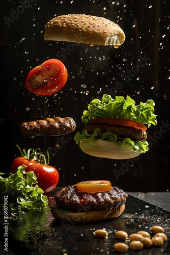 Floating burger ingredients on dark background with dynamic spla photo