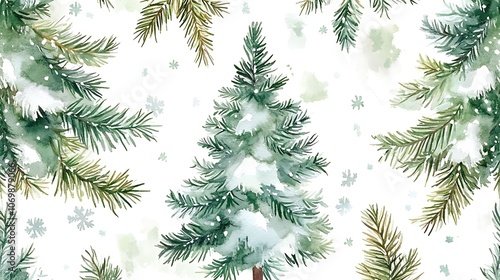 Seamless watercolor Christmas tree pattern winter forest greens whites snow branches continuous design holiday background