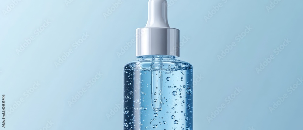 The rice serum is displayed in a glass dropper bottle, highlighting its bright blue color and fluid texture, conveying moisture and skin nourishment The rice serum is displayed in a glass dropper bottle, highlighting its bright blue color and fluid texture, conveying moisture and skin nourishment