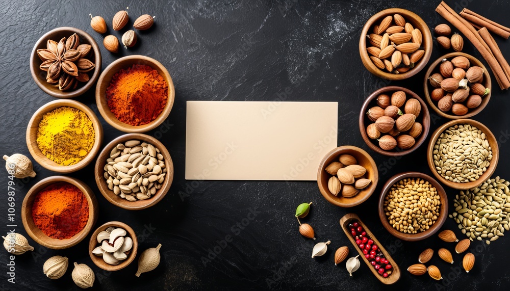 Assorted nuts and spices on slate background with blank card for custom text Assorted nuts and spices on slate background with blank card for custom text