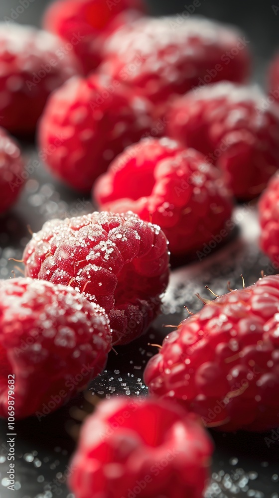 Fresh raspberries with sugar sprinkles on dark background Fresh raspberries with sugar sprinkles on dark background