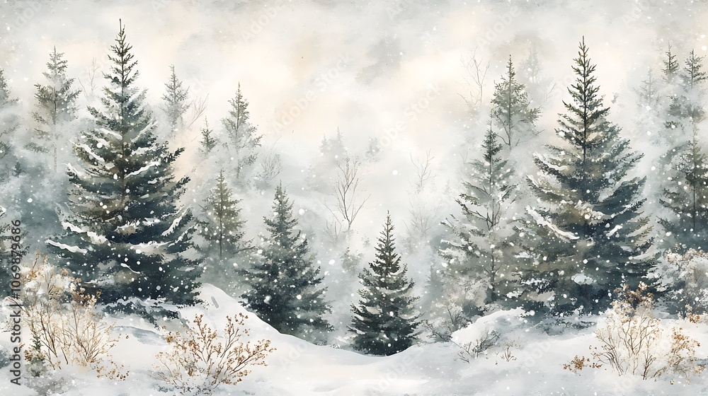 Fototapeta premium Watercolor Christmas trees seamless pattern winter forest soft greens whites snowy branches holiday decor