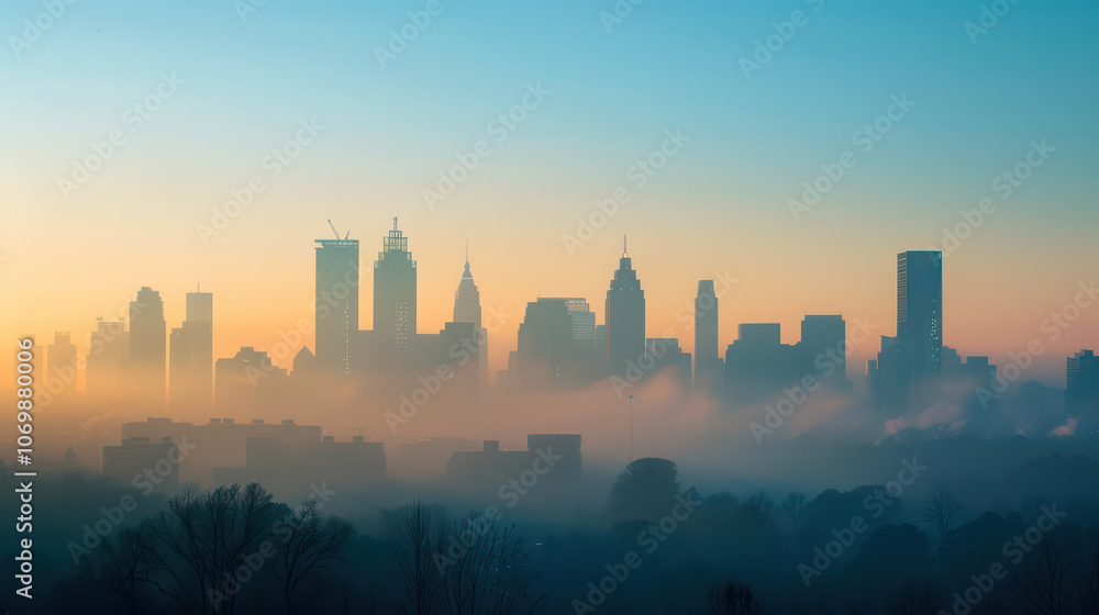 Fototapeta premium A stunning city skyline at dawn, shrouded in mist and soft colors
