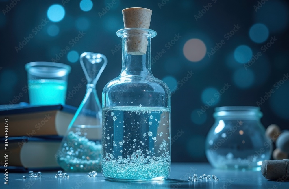 Classic glass bottles with colorful liquid and bubbles on a table surrounded by books and decorative glassware in soft lighting Classic glass bottles with colorful liquid and bubbles on a table surrounded by books and decorative glassware in soft lighting