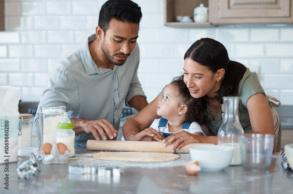 Family, kid and learning baking with rolling pin for dough, flour or bonding with toddler in kitchen. Mom, dad and child cooking with parents, help or teaching girl dessert recipe for support in home Family, kid and learning baking with rolling pin for dough, flour or bonding with toddler in kitchen. Mom, dad and child cooking with parents, help or teaching girl dessert recipe for support in home