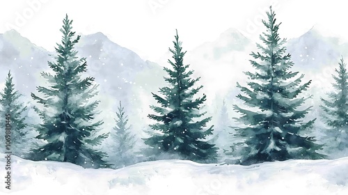 Seamless winter pattern watercolor Christmas trees natural green white hues frosty landscape holiday decor