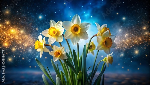 Night Photography of a Handful of Daffodils Illuminated by Moonlight, Emphasizing the Delicate Petals and Vibrant Colors Against a Dark Background