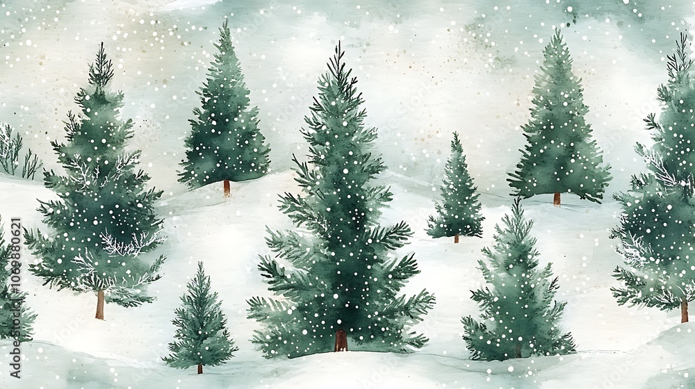 Fototapeta premium Seamless watercolor pattern Christmas trees winter forest frosty landscape green white hues holiday background